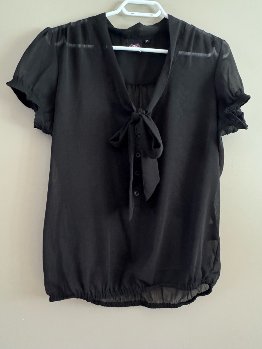 Black Kissing Bow Tie-Neck Short Sleeve Blouse  - size L